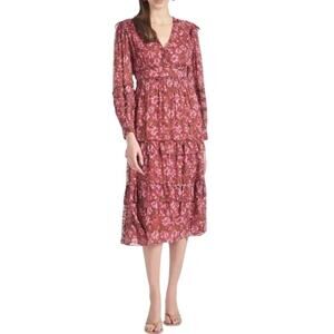 SACHIN + BABI Dress Size 2 Midi Red Floral NEW Ronnie Dress Bloom Long Sleeve